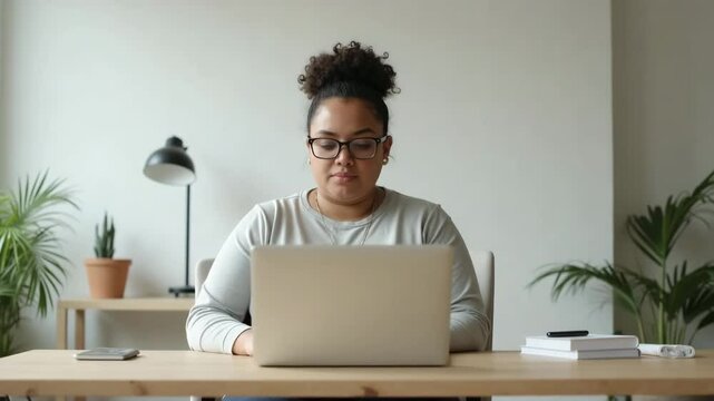 Woman working on laptop at home office, with copy space