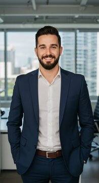 A smiling man in a suit standing in an office. Confident caucasian businessman portrait for corporate marketing material.