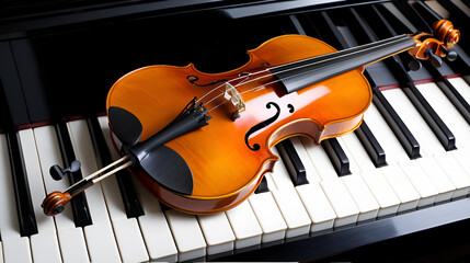 Fototapeta premium Violin on top of piano keys background