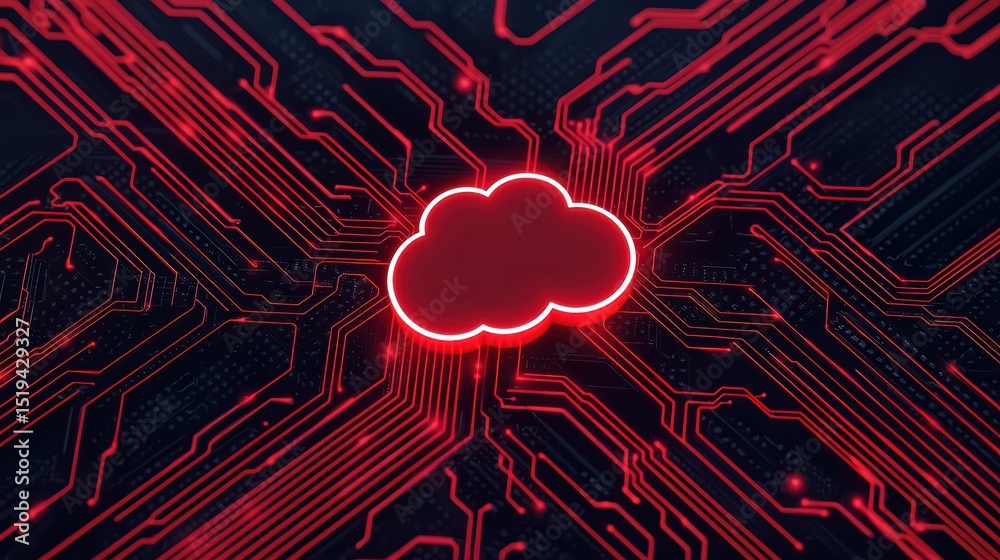 Poster abstract illustration of cloud computing concept on circuit board background with glowing red lines 
