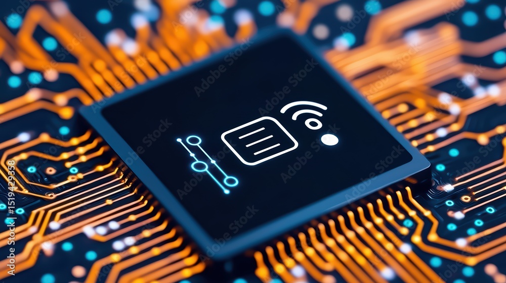 Poster modern microchip with wireless signal icon on an intricate circuit board design background