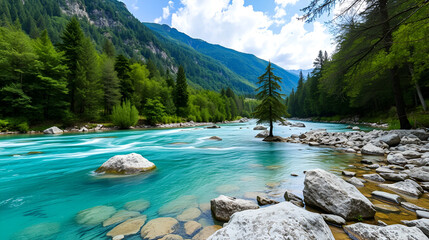 Emerald coloured alpine river Soca / Isonzo, Slovenia