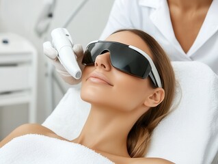 Naklejka premium Young Caucasian woman receiving laser treatment in clinic