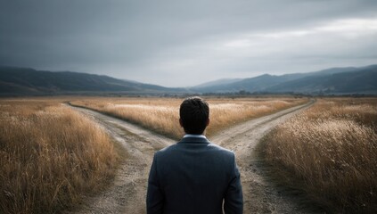 Man faces a diverging path in field