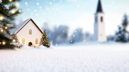 Cozy Winter Scene with Snow-Covered House and Soft Bokeh Background of Snowy Trees and Church Steeple