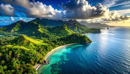 scenic tropical island coastline with lush greenery