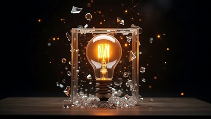 Light bulb in a glass box with shattered glass creative idea concept