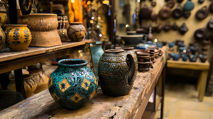 Fototapeta premium Colorful Decorative Pottery Collection On Rustic Wooden Shelves