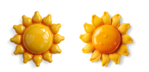 Two yellow sun-shaped objects, one smooth and one textured, isolated on transparent background