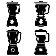 Four blender illustrations in black and white showcasing different styles and liquid levels inside the jugs