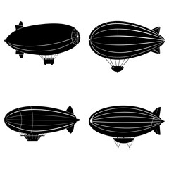 Four black and white zeppelin illustrations with gondolas and tail fins on a white background design element © Love