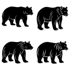 Illustration of four black bears in different poses standing on a white background in vector format