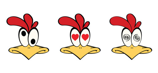 A cute cartoon chicken with love heart. Crazy chicken face mascot. Comic rooster character. hypnosis eyes, hypnotic spirals eyes. Circles patroon. Volute, spiral.