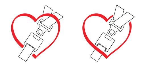 Safety belt or seat belt icon with red love heart. Car seat, plane or passenger belt for vehicle. Traffic, drive safe sign. lifesaver, seatbelt. prevention concept.