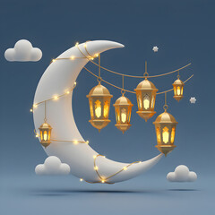 Ramadan Kareem: Crescent Moon with Festive Lanterns and Lights - Eid Mubarak Celebration
