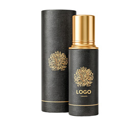 luxury cosmetic box in dark matte black with gold embossed logo placeholder