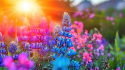 Obraz premium Vibrant flowers bloom under sunlight in a colorful spring garden