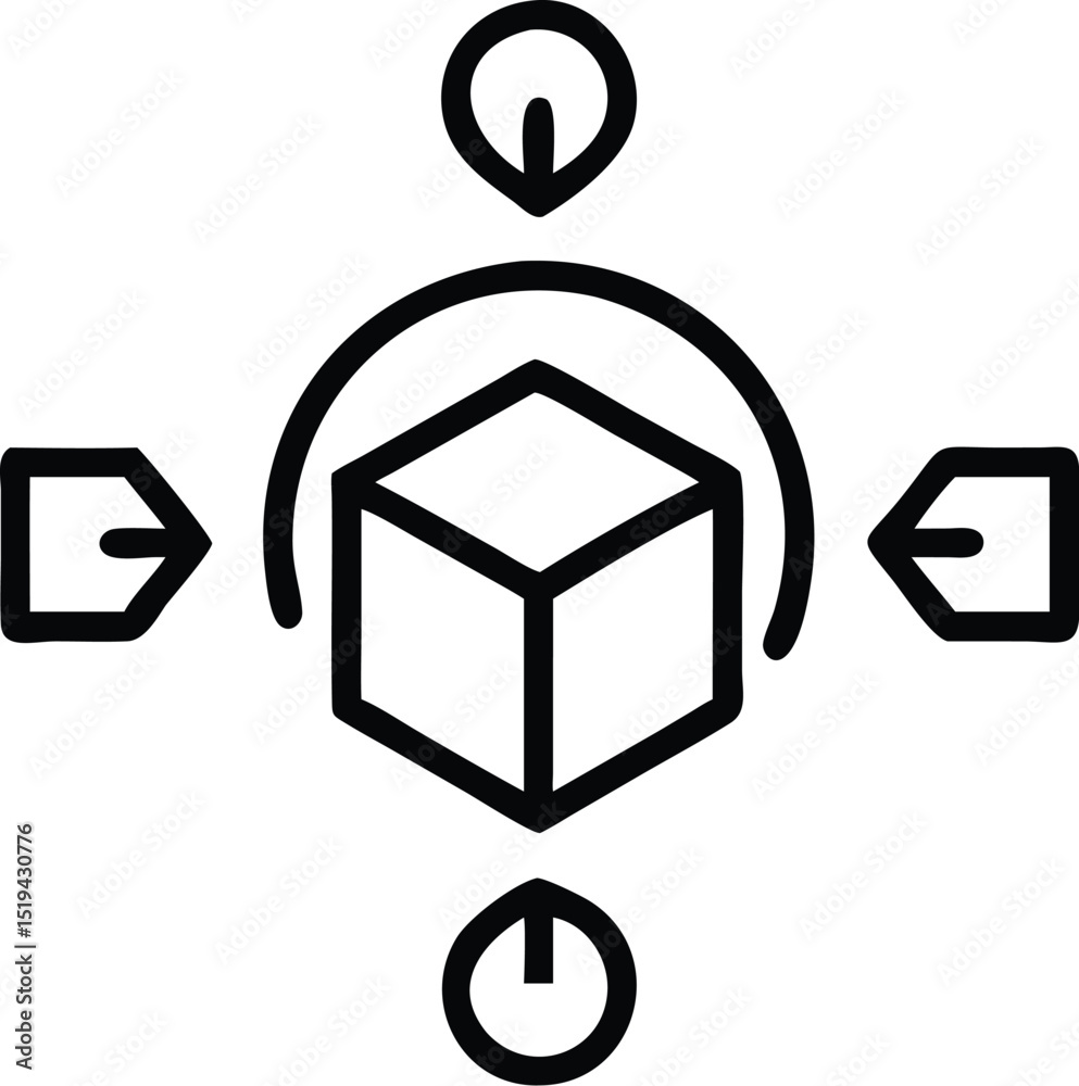 Poster isometric cube with directional arrows and circular elements for product presentation design concept