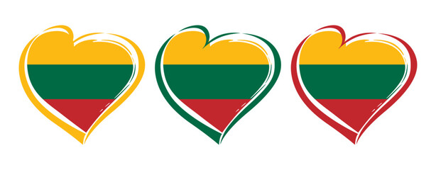 Set of colorful hearts with flag of Lithuania in the backdrop and isolated clipping mask. Lithuanian flag heart creative design. Graphic template for holiday events or tourism. T shirt or gift icon.