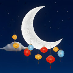 Mid-Autumn Festival:  Lanterns, Moon, Night Sky – Celestial Celebration Illustration