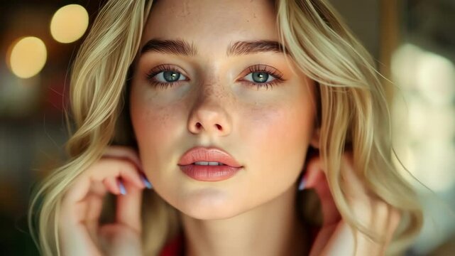 Attractive blonde woman in red shirt, portrait with beautiful face and green eyes.