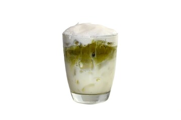 Ice green tea serving on sack in white background with isolated style.
