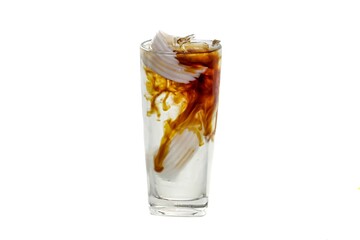 Ice Americano coffee mix coconut milk sliced served on sack in white background.