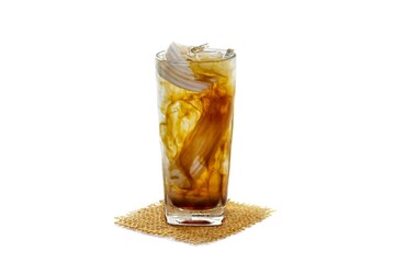 Ice latte coconut milk served on wooden plates in white background and isolate style.
