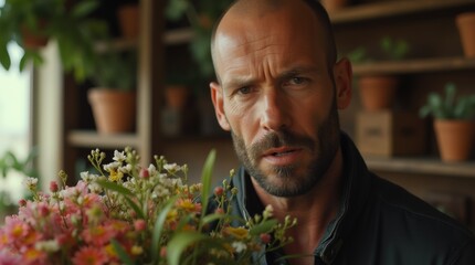 a brutal man gives a big bouquet of flowers