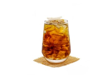 Ice Americano coffee serving on sack in white background with isolated photo style.