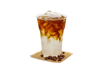 Ice Americano coffee mix coconut milk sliced served on sack in white background.