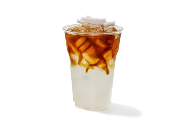 Picture of ice Americano coffee put on white background and isolate concept. coconut topping.