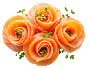 Sliced Smoked Salmon Rolled into Rosettes, Gourmet Style, Isolated on Transparent Background