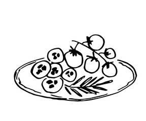 Simple hand drawn vector illustration with black outline. Plate with vegetables, cherry tomatoes, sliced ​​cucumber, rosemary branch. Vegetarian food, salad. Ink sketch.
