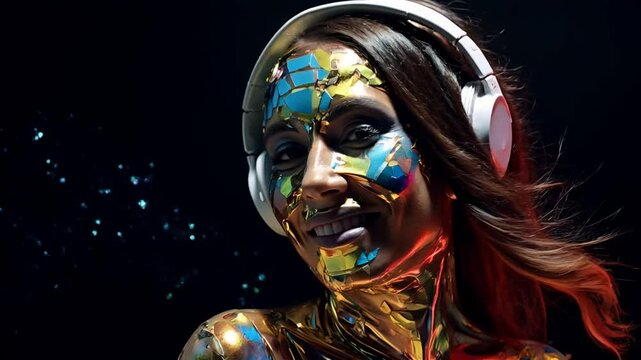 Masked girl listening to music with headphones, music advertising image