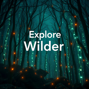 text="Explore Wilder" with a futuristic, neomorphed, glowing forest as the background, incorporating subtle, intricate patterns of interconnected circuitry and ethereal, pulsing lights that emanate fr