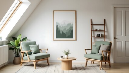 Fototapeta premium Cozy attic living room interior design with sage green armchairs decor