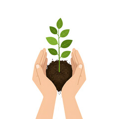 Hands holding a small plant with soil in a nurturing gesture  