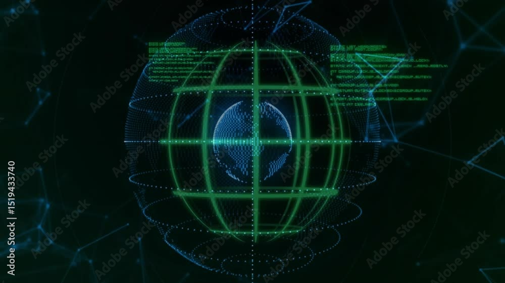 Poster sphere appearing in dark void, grid enveloping it, rings spiraling and code scrolling showing data