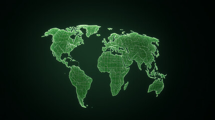 A futuristic green map of the world displayed on a dark background, symbolizing innovation and global connectivity.