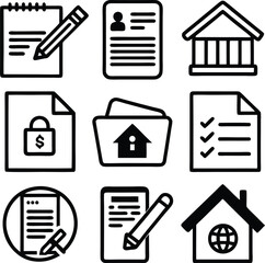 Collection of nine essential document and house icons for real estate and finance
