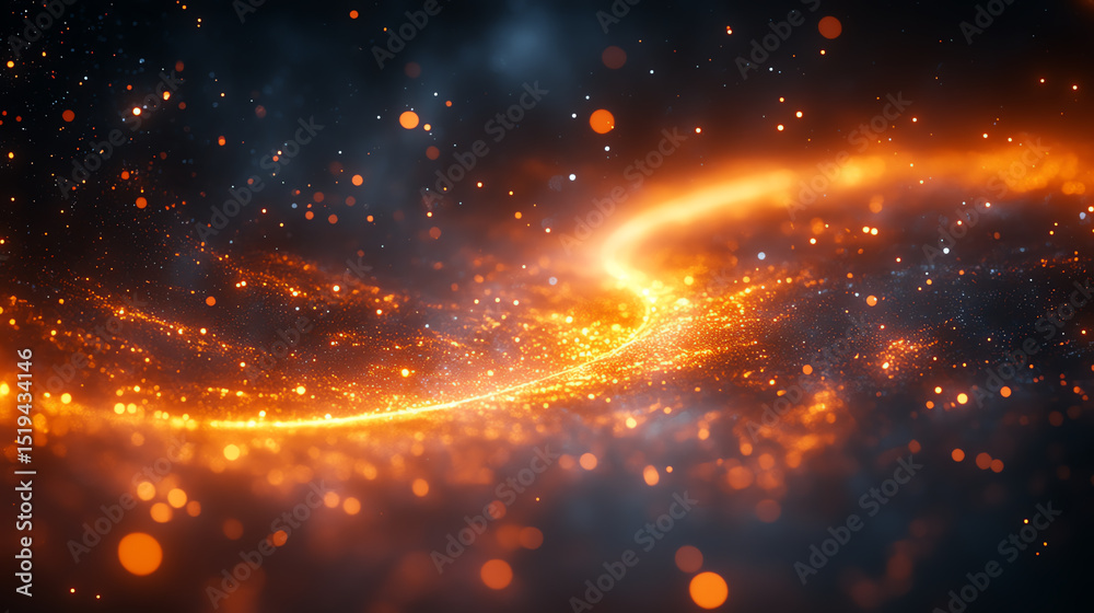 Poster A mesmerizing swirl of orange particles and light creating a cosmic atmosphere, perfect for backgrounds and science-related projects.