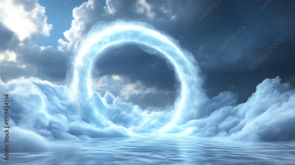 Poster a mystical portal formed by clouds, emitting soft light against a dramatic sky, creating a serene ye