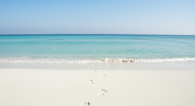 Footprints lead across white sand into clear, inviting turquoise waters under a clear sky