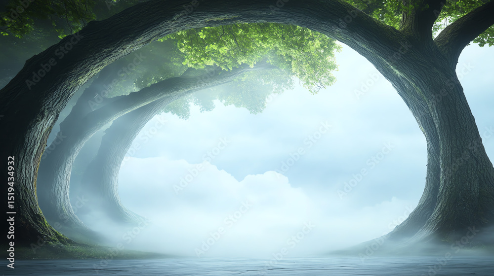 Poster A serene landscape featuring two arching trees surrounded by mist, creating a tranquil and enchanting atmosphere in nature.