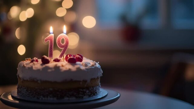 Celebrating an 19th Birthday with Cake and Lit Candles in Warm Festive Atmosphere