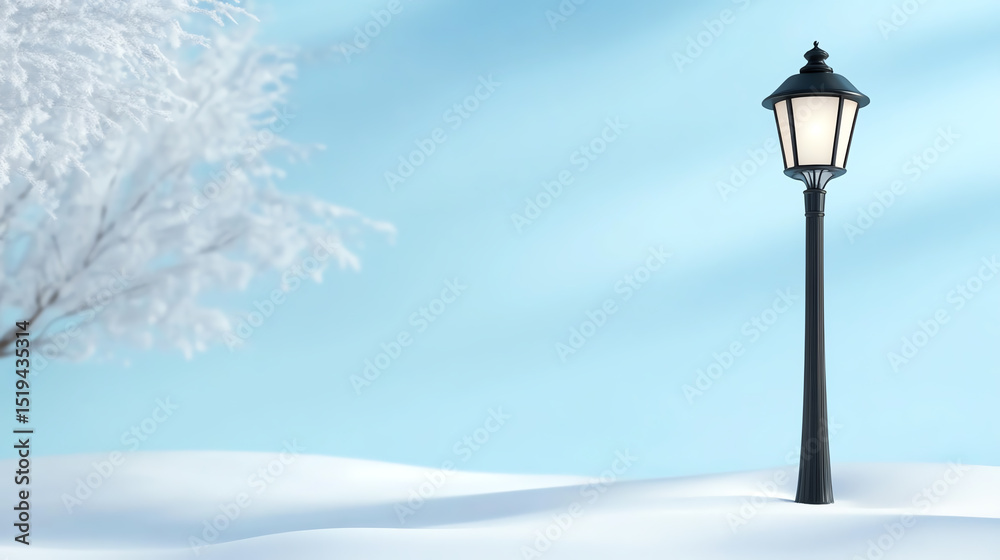 Aufkleber a serene winter scene featuring a lamp post amidst snow-covered ground and a frosty tree against a c