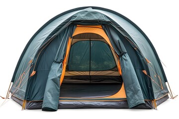 A green and orange camping tent with the entrance open on a white background in a studio shot view