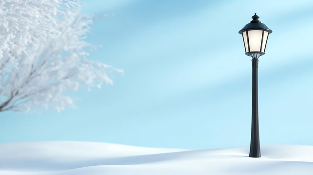 A serene winter scene featuring a lamp post amidst snow-covered ground and a frosty tree against a clear blue sky.