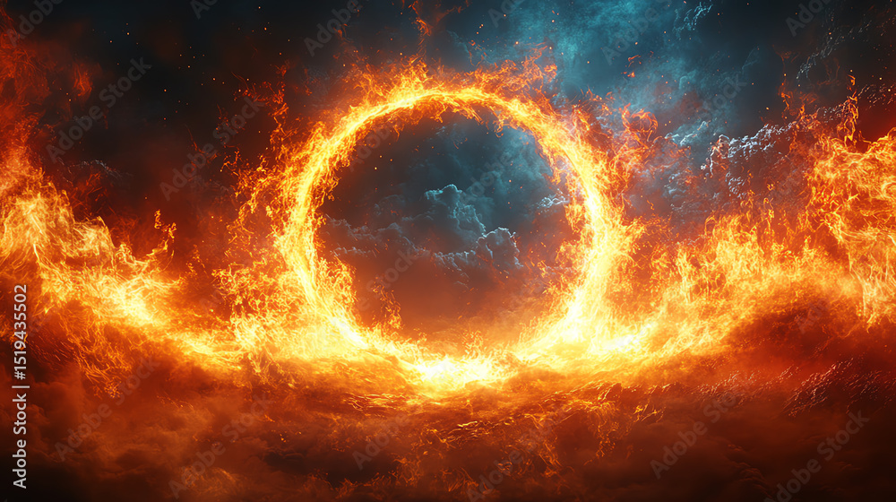 Poster a striking spectacle of fiery clouds illuminated against the blue sky, symbolizing the power and bea